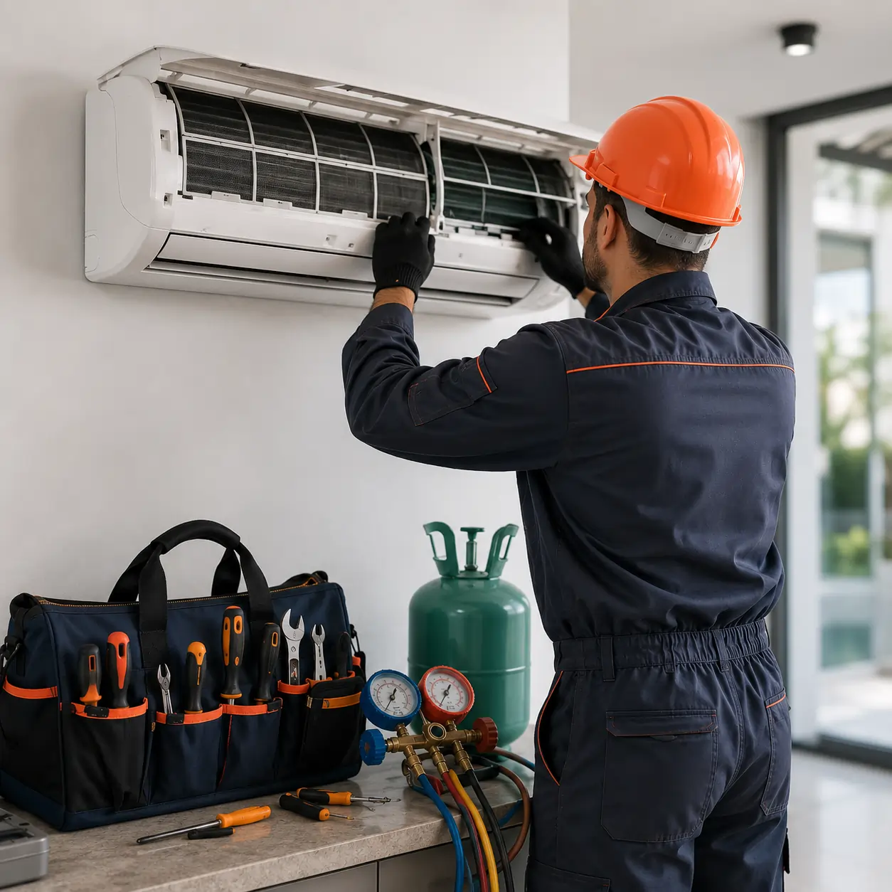 Professional AC technician repairing a split AC unit in Dubai.