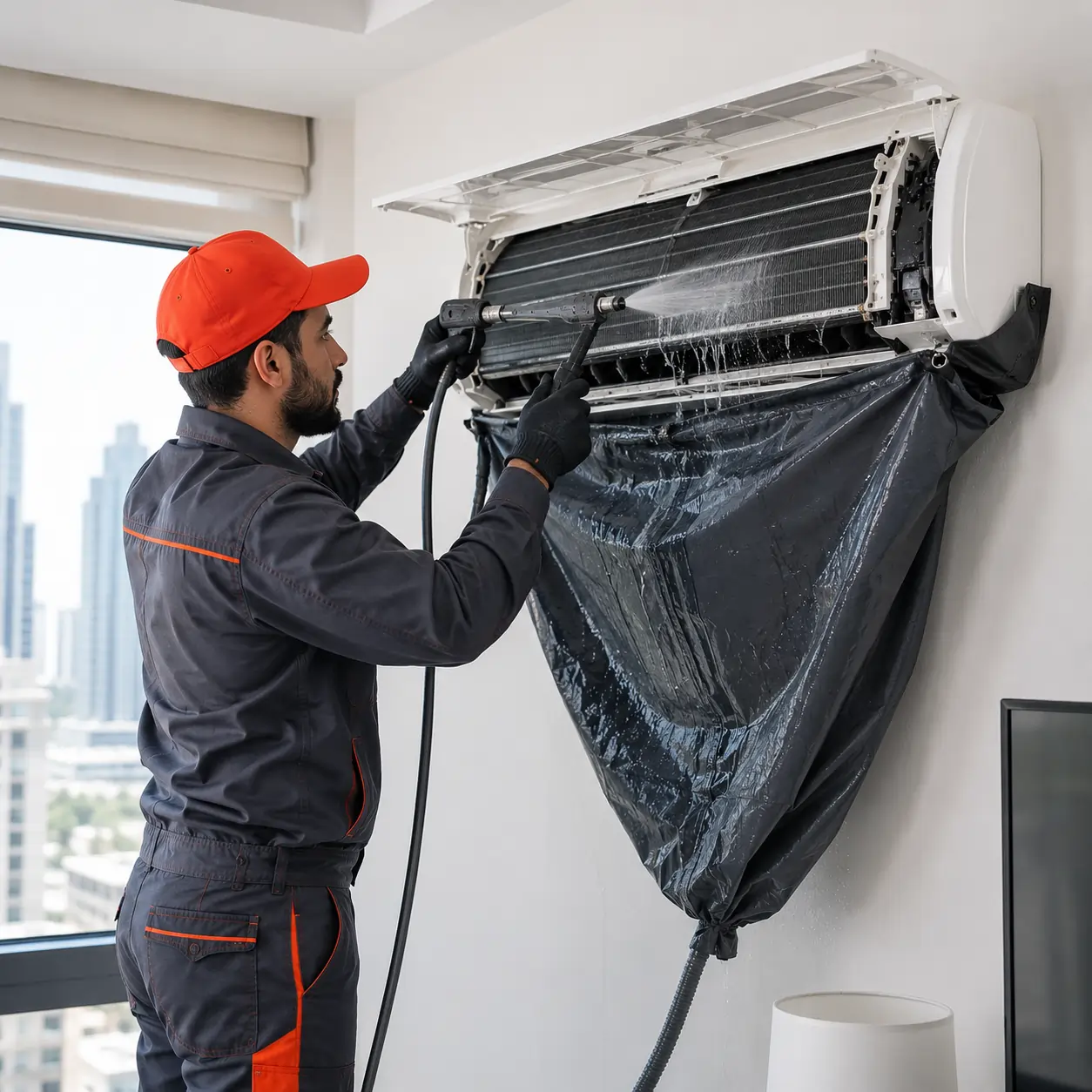 echnician deep cleaning a wall-mounted air conditioner.