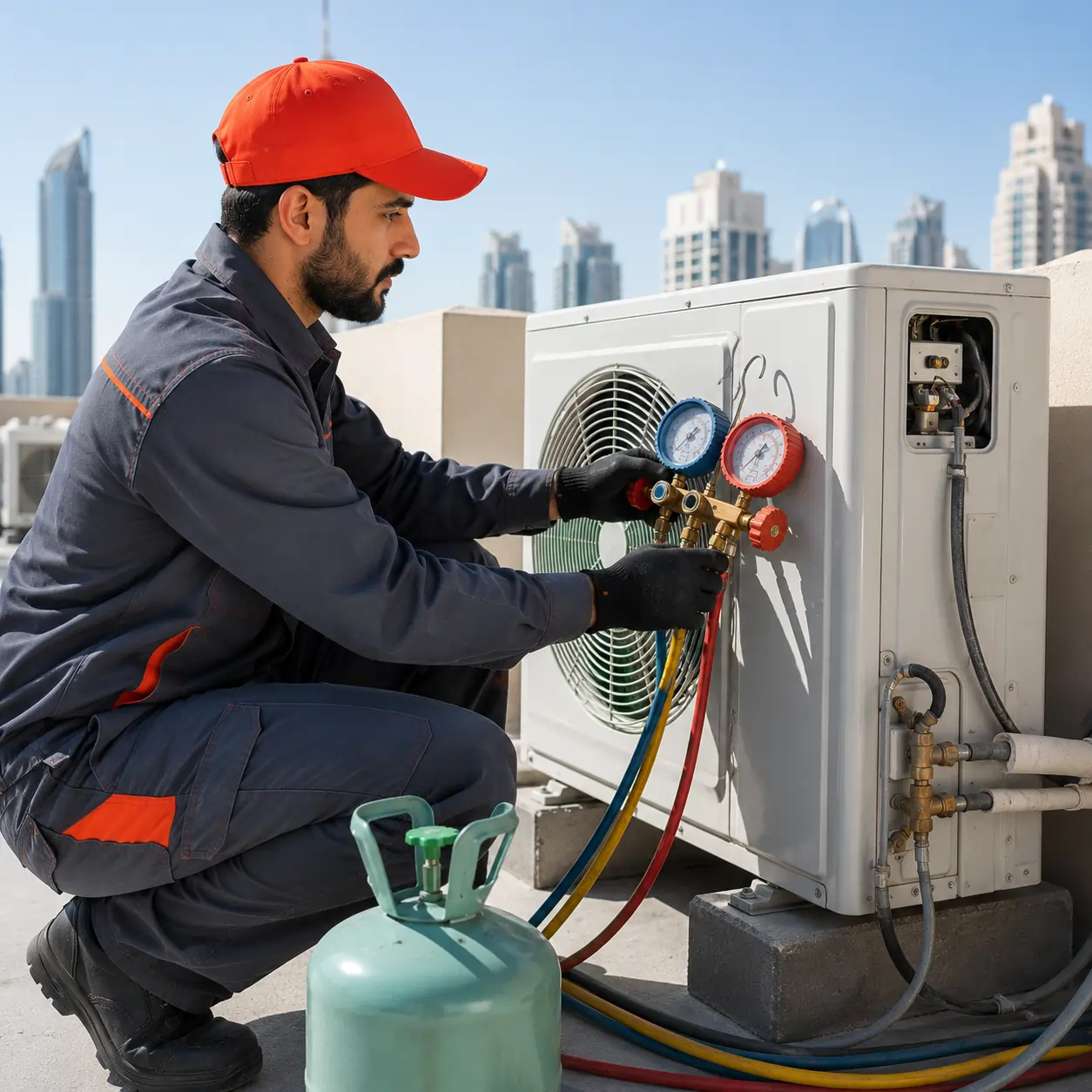 HVAC technician refilling refrigerant gas in an outdoor AC unit.