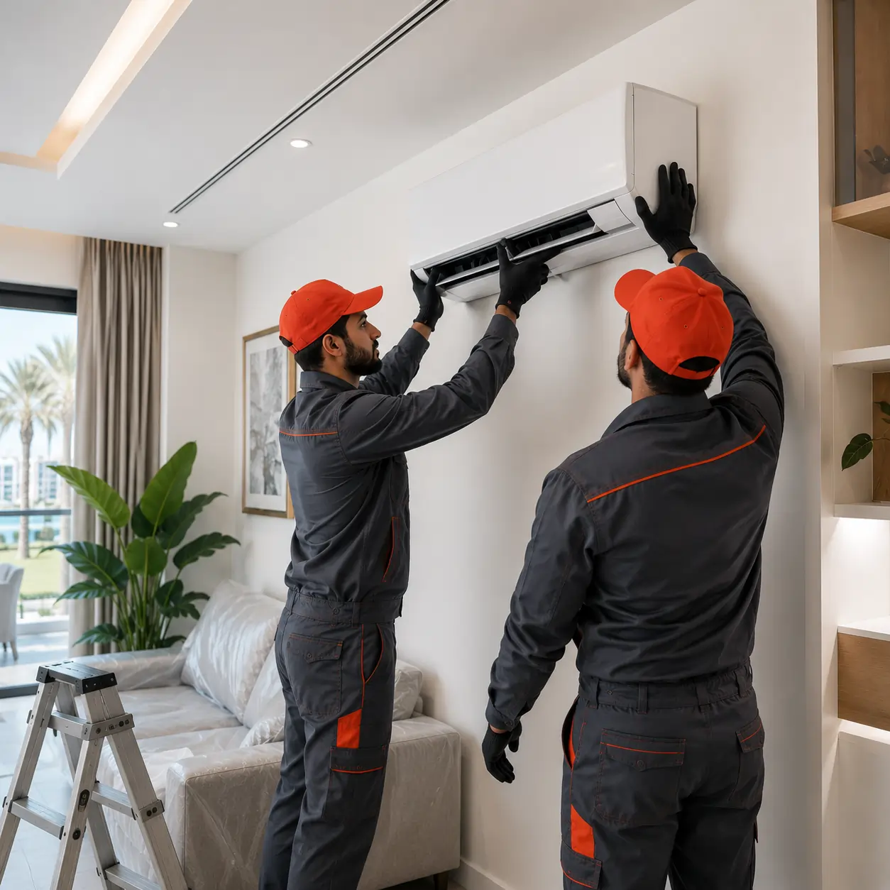HVAC technician performing AC maintenance in a Dubai home.