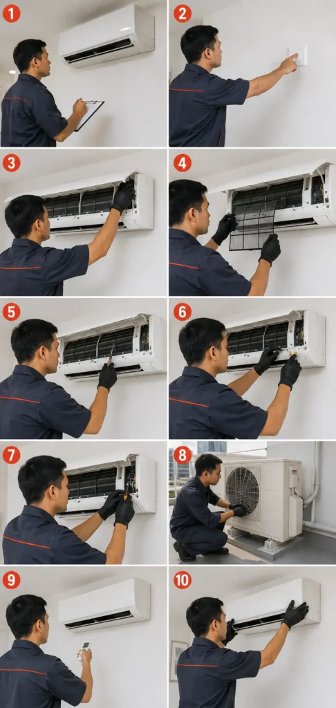 ac repair team work and steps of AC repair